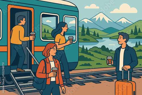 Scenic Train Journey. Train journey. Vector illustration of passengers boarding train, holding coffee cups, and admiring scenic