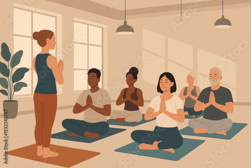 Diverse Yoga Class. Vector illustration of group yoga class in modern studio with instructor, mats, calm lighting, and diverse