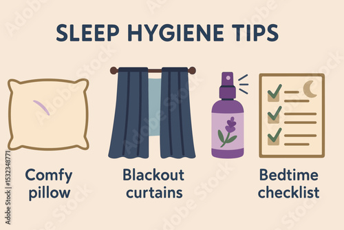 Sleep Hygiene Essentials. Vector illustration of sleep hygiene tips with comfy pillow, blackout curtains, lavender spray, and