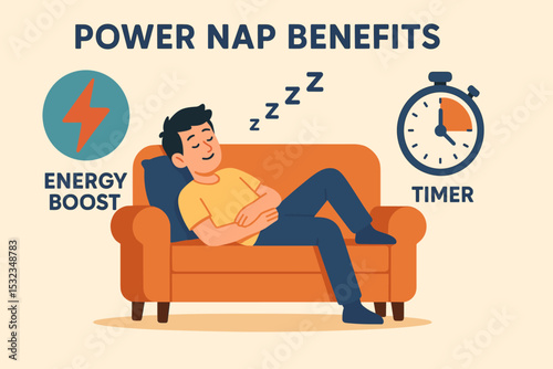 Power Nap Perks. Vector illustration of power nap benefits with relaxed character resting on a couch, energy boost visuals, and
