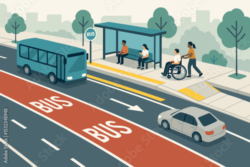 Transit-Inclusive Street Design. Vector illustration of transit-inclusive street redesign showing dedicated lanes, waiting areas,