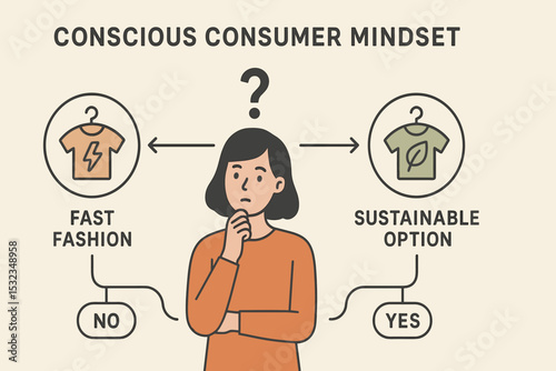Sustainable Fashion Choice. Conscious consumer mindset — Vector illustration of person choosing between fast fashion and
