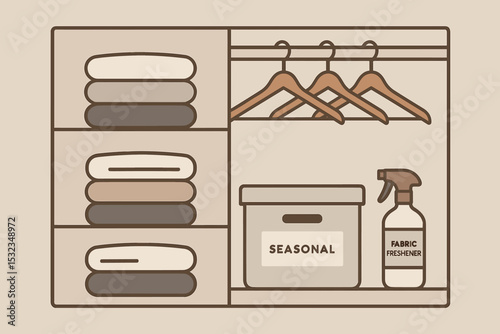 Minimalist Closet Essentials. Vector illustration of minimalist closet showing folded essentials, wooden hangers, seasonal bin,