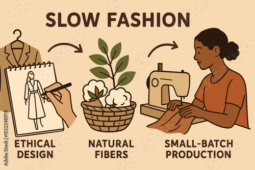 Slow Fashion Illustrated. Vector illustration of slow fashion process from ethical design sketch to natural fiber selection and