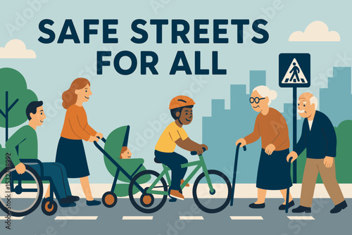 Inclusive Transit Scene. Safe streets for all — Vector illustration of inclusive transit with wheelchairs, strollers, bikes, and