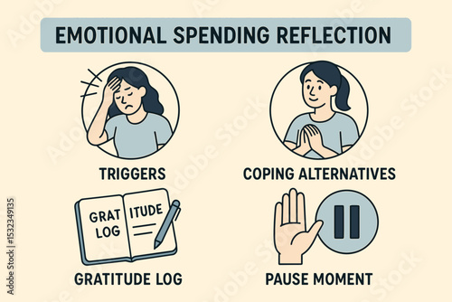 Emotional Spending Reflection. Vector illustration of emotional spending reflection chart: triggers, coping alternatives,