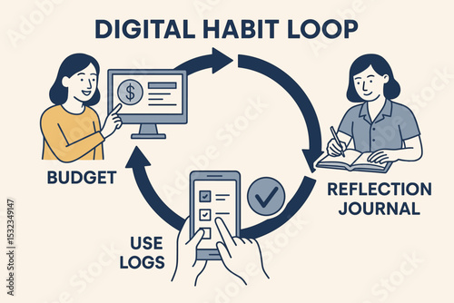 Digital Budget Habit Loop. Vector illustration of digital tracking habit loop for budget, use logs, and reflection journal