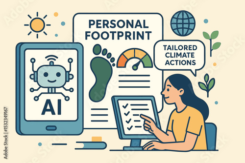 AI Climate Education Tool. Vector illustration of AI-powered education tool calculating personal footprint and offering tailored