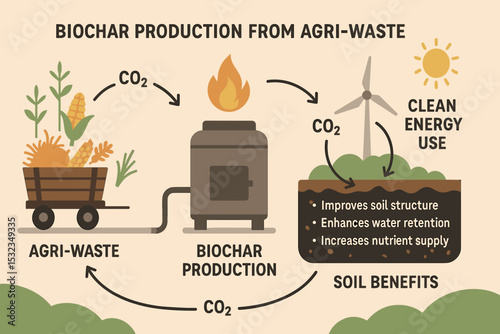 Biochar Production Cycle. Vector illustration of biochar production from agri-waste with carbon cycle arrows, soil benefit notes,