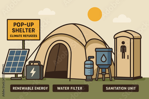 Eco-Friendly Refugee Shelter. Vector illustration of pop-up shelter for climate refugees with renewable energy pack, water filter,
