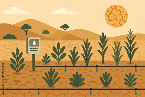 Drought-Resistant Farming Techniques. Vector illustration of drought-adapted agriculture with drip irrigation, drought-tolerant