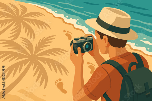Vintage Camera Moments. Vector illustration of tourist taking photos of palm shadows, sea foam, and footprints with vintage camera