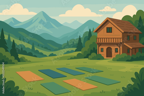 Mountain Yoga Retreat. Vector illustration of yoga retreat in the mountains with lodge, mats outdoors, and peaceful landscape