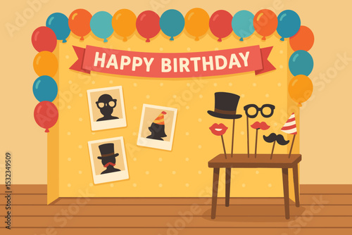 Birthday Photo Booth Fun. Vector illustration of birthday photo booth corner with backdrop, fun props, and printed instant photos
