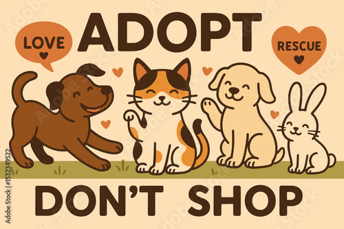 Rescue Pets Poster. Vector illustration of “Adopt, don’t shop” campaign poster with rescue pets in playful poses and loving