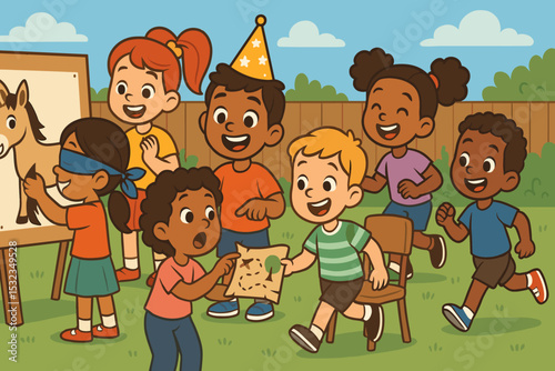 Children's Birthday Games. Vector illustration of birthday games like pin the tail, treasure hunt, or musical chairs with excited