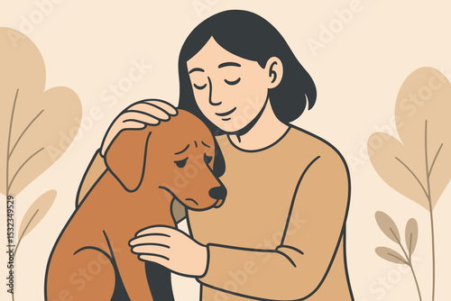 Animal and Owner Bonding. Vector illustration of bonding moment between shy adopted animal and new owner with trust and calm