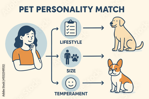 Pet Match Process. Vector illustration of pet personality match process showing options based on lifestyle, size, and temperament