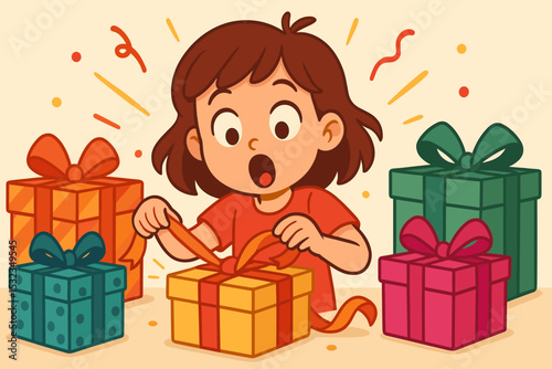 Joyful Gift Unwrapping. Vector illustration of birthday gift unwrapping moment with colorful packages, joyful reactions, and