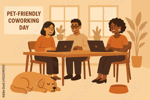Pet-Friendly Workspace Vibes. Vector illustration of pet-friendly coworking day with a dog sleeping near desk, water bowl, and