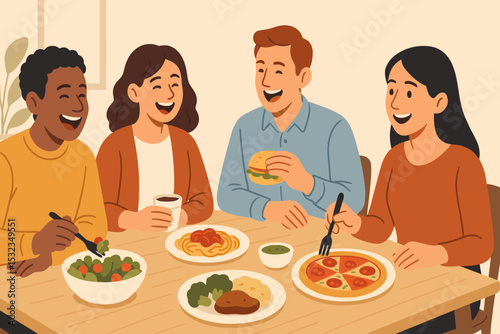 Lunch Break Joy. Vector illustration of team enjoying lunch break together with shared table, laughs, and mixed dishes