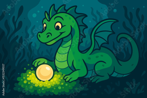 Sea Dragon Guardian. Vector illustration of friendly sea dragon guarding a pearl in a bed of glowing underwater moss