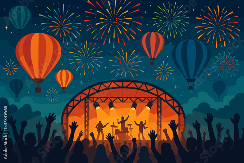 Balloon Finale Celebration. Vector illustration of night balloon finale with fireworks in the sky, music stage, and crowd cheering