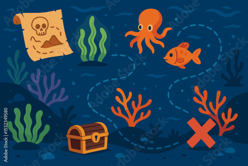 Ocean Adventure Map. Vector illustration of ocean treasure map adventure with clues marked in glowing seaweed and animated coral