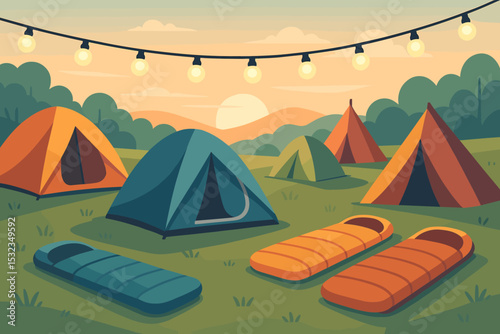 Festival Camping Site. Vector illustration of festival camping site with tents, string lights, sleeping bags, and early morning