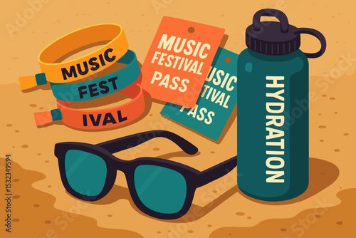 Festival Essentials. Vector illustration of music festival wristbands, ticket passes, sunglasses, and hydration bottle on ground