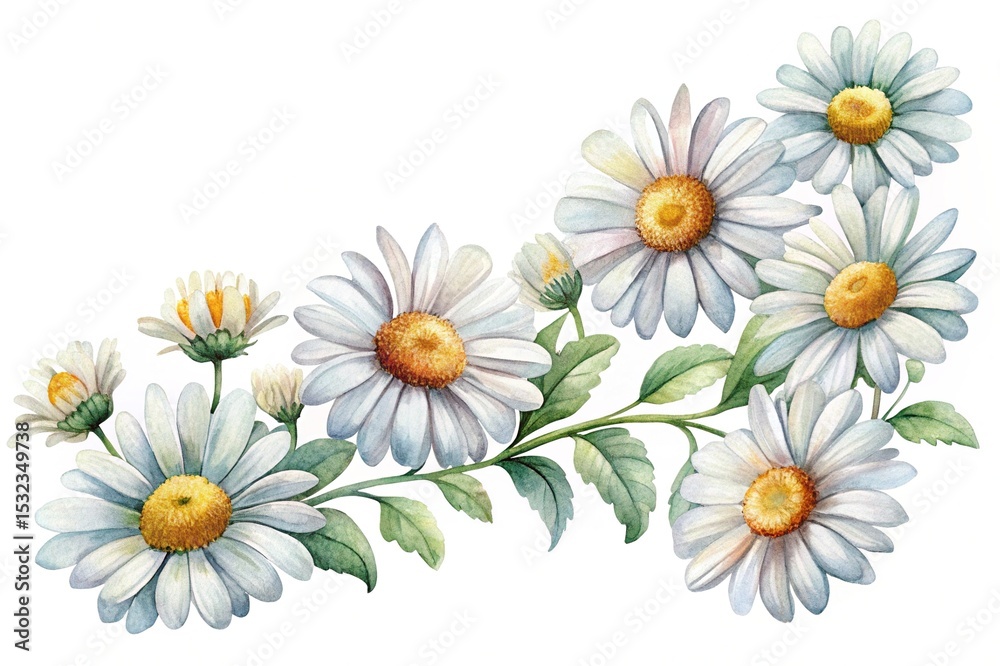 Obraz premium Watercolor Daisies Border with Green Leaves on a White Background Illustration