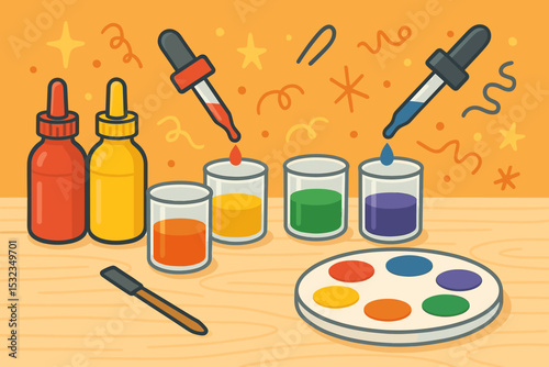 Color Mixing Station. Vector illustration of color-mixing station with paints, droppers, clear containers, and creative