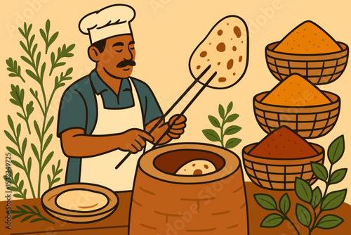 Street Chef's Naan. Vector illustration of street chef making fresh naan on clay oven surrounded by herbs and stacked spices