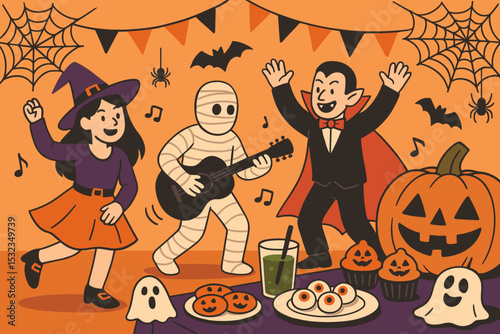 Halloween Party Celebration. Vector illustration of Halloween party with costumes, music, spiderweb decorations, and themed snacks