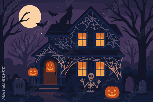 Halloween House Decor. Vector illustration of neighborhood house lit up for Halloween with graveyard props, fake cobwebs, and