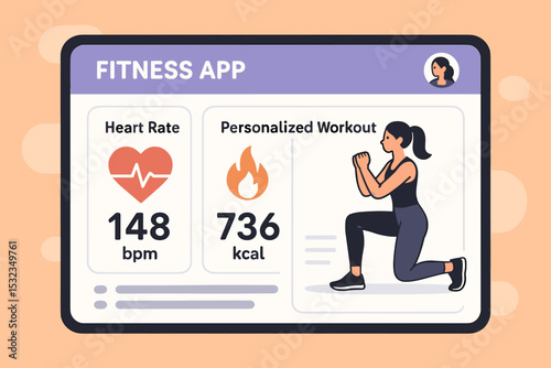 Fitness App Dashboard. Vector illustration of fitness app dashboard with heart rate, calories burned, and personalized workout