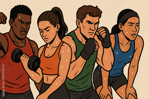 Diverse Athletes in Action. Vector illustration of diverse group of athletes in workout gear showing strength, sweat, and