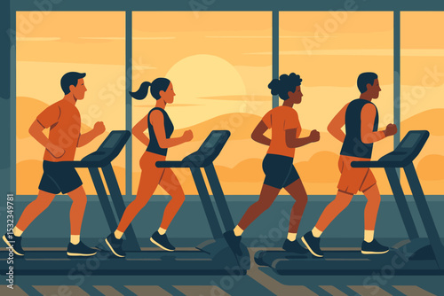 Morning Gym Routines. Vector illustration of early morning gymgoers jogging on treadmills while the sun rises through windows