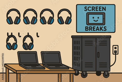 Classroom Tech Station. Vector illustration of classroom tech station with headphones, laptops, charging cart, and screen breaks