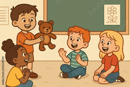 Show-and-Tell Excitement. Vector illustration of show-and-tell moment with child presenting toy and classmates excitedly listening