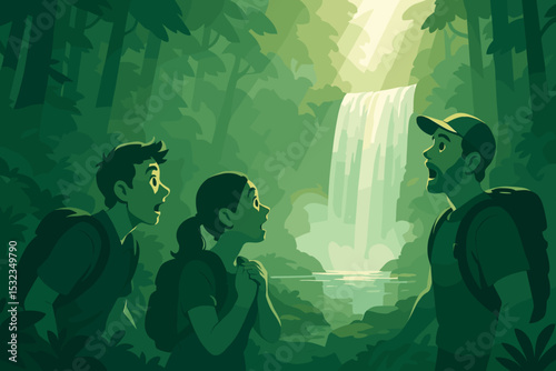Mystical Forest Waterfall. Vector illustration of waterfall discovery deep in the forest with mist, sunlight, and awe-inspired