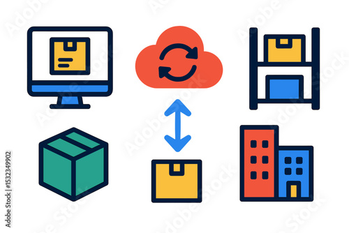 Warehouse Cloud Sync. Isometric flat vector illustration of a warehouse cloud integration screen syncing stock data to enterprise