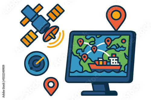 Satellite Cargo Monitoring. Isometric flat vector illustration of a satellite tracking system monitoring global cargo vessel