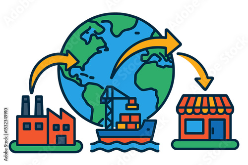Global Supply Chain Visualization. Isometric flat vector illustration of a global supply chain visualization with arrows linking