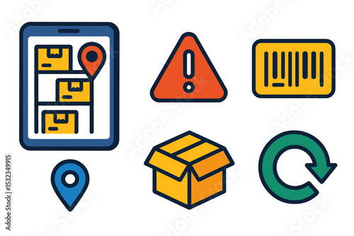 Modern Inventory Icons. Isometric flat vector illustration of an inventory control tablet showing item location, restock alerts,