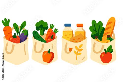 Reusable Produce Bags. Isometric flat vector illustration of reusable cloth bags filled with fresh organic produce and pantry