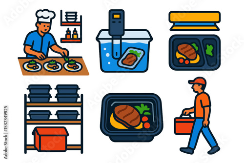 Gourmet Kitchen Icons. Isometric flat vector illustration of a gourmet kitchen preparing meals for delivery with plating station,