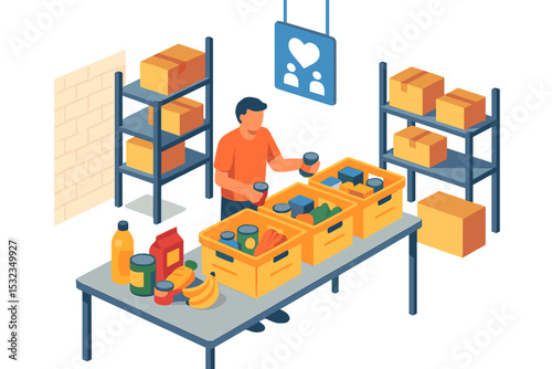 Food Donation Icons. Isometric flat vector illustration of a food donation sorting area within a distribution center with labeled