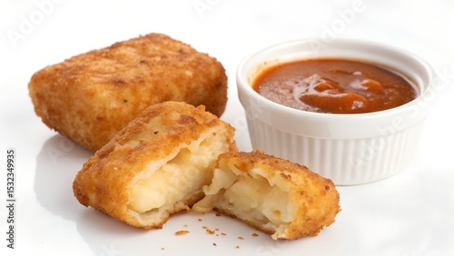 Sliced crispy tater tot spicy sauce on white clean backgroundSliced crispy tater tot spicy sauce on white clean background