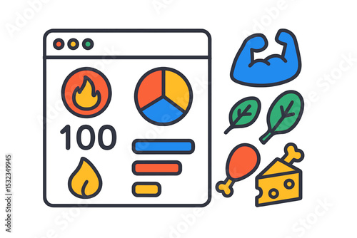 Nutritional Analysis Icons. Isometric flat vector illustration of a nutritional analysis screen showing calorie count, macros, and